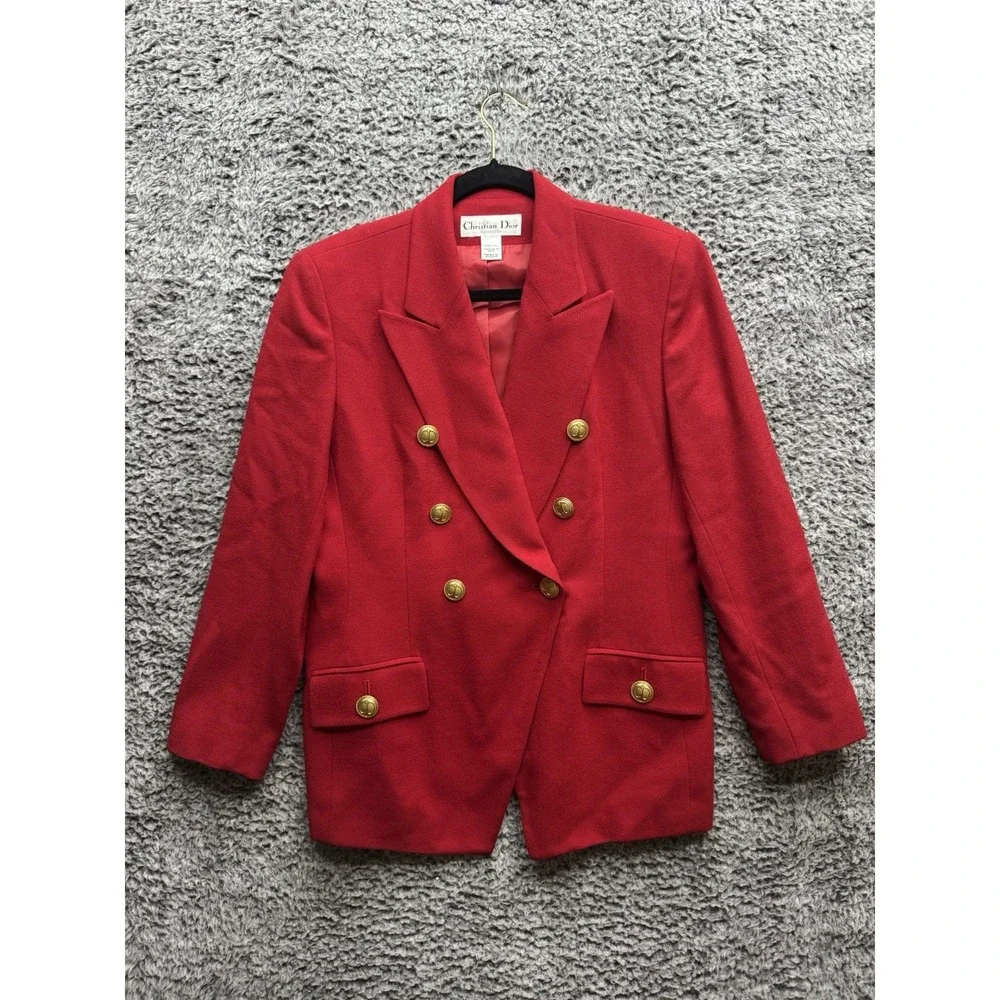 Vintage Christian Dior Red Double Breasted Blazer‎ Jacket Gold Logo Buttons
